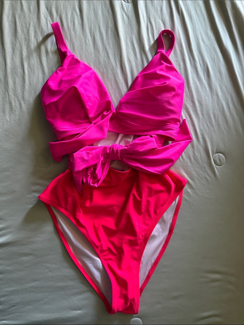 Women's Two-Tone Pink & Red One-Piece Swimsuit with Tie Waist